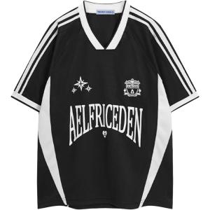 imageAelfric Eden Jersey Shirts Women Oversized Mesh V Neck Graphic Tees Y2k Color Block Short Sleeve T Shirt TopsBlack