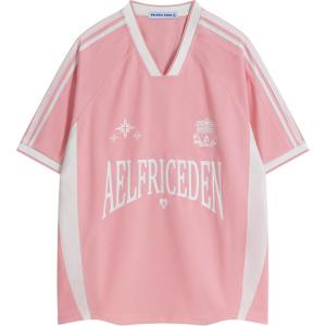 imageAelfric Eden Jersey Shirts Women Oversized Mesh V Neck Graphic Tees Y2k Color Block Short Sleeve T Shirt TopsPink