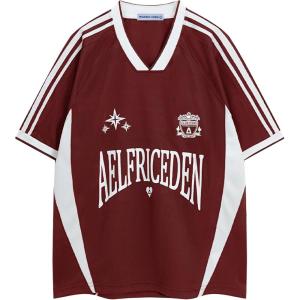 imageAelfric Eden Jersey Shirts Women Oversized Mesh V Neck Graphic Tees Y2k Color Block Short Sleeve T Shirt TopsRed