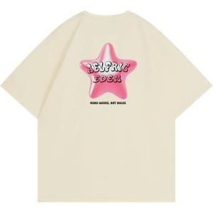imageAelfric Eden Women Oversized Letter Graphic Tees Pink Star Print Tee Graphic Crew Neck Cotton Short Sleeve Y2k TopsBeige