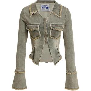 imageAelfric Eden Womens Denim Jacket Fringe TwoWay Zipper Fashion Vintage Washed Long Sleeve Jean CoatBlue