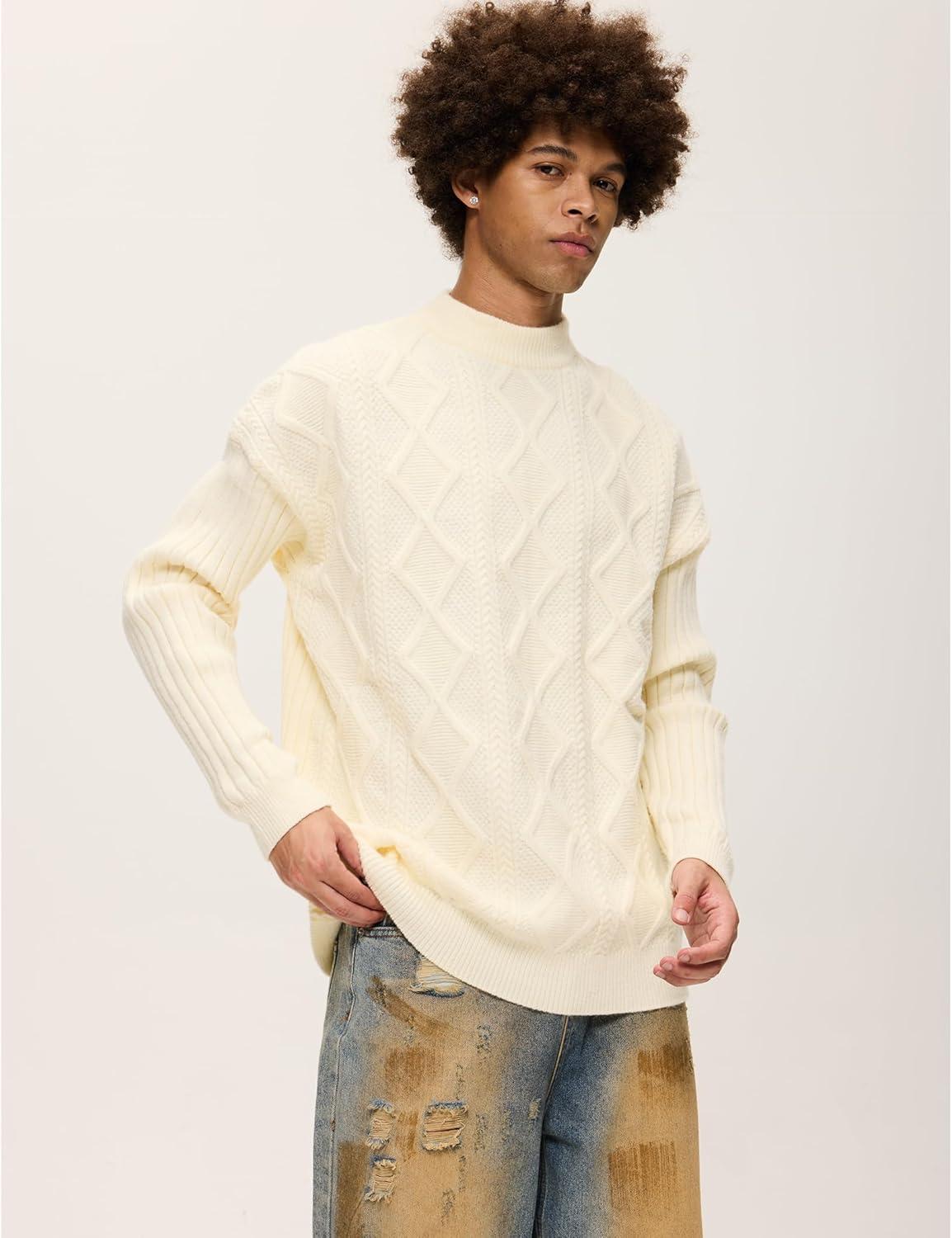 imageAelfric Eden Cable Knit Sweater Men Oversized Rory Gilmore Crewneck Knitted Sweater Pullover 2024 Vintage Fall Sweaters TopsB7white Cream