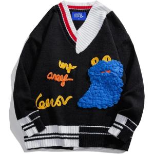 imageAelfric Eden Casual Animals Print Long Sleeve Knit Sweater Classic Crewneck Oversized Loose Fit SweaterBlack