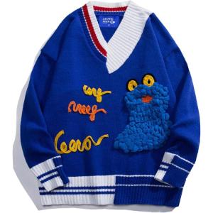 imageAelfric Eden Casual Animals Print Long Sleeve Knit Sweater Classic Crewneck Oversized Loose Fit SweaterBlue