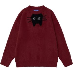 imageAelfric Eden Sweaters Cute Black Cat Sweater Soft Warm Knitted Graphic Pullover Casual Long Sleeve Trendy TopsRed