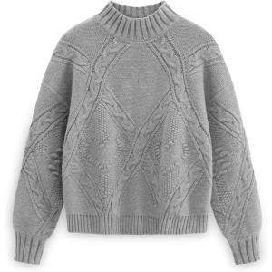 imageAelfric Eden Womens Oversized Cable Knit Chunky Sweater Mock Neck Long Sleeve Heart Knit Pullover Sweater 2025 Fall OutfitGray
