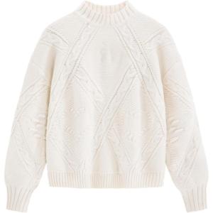 imageAelfric Eden Womens Oversized Cable Knit Chunky Sweater Mock Neck Long Sleeve Heart Knit Pullover Sweater 2025 Fall OutfitWhite
