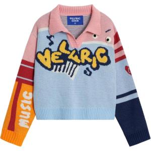 imageAelfric Eden Cute Sweaters Color Blocking Stripe Sweater Cartoon Letters Pullover Casual Soft Long Sleeve Tops OutfitsBlue