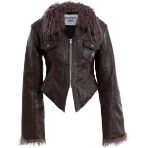 imageAelfric Eden Womens Leather Jacket Zipper Fashion Vintage Furry Paneled Faux Leather CoatCoffee