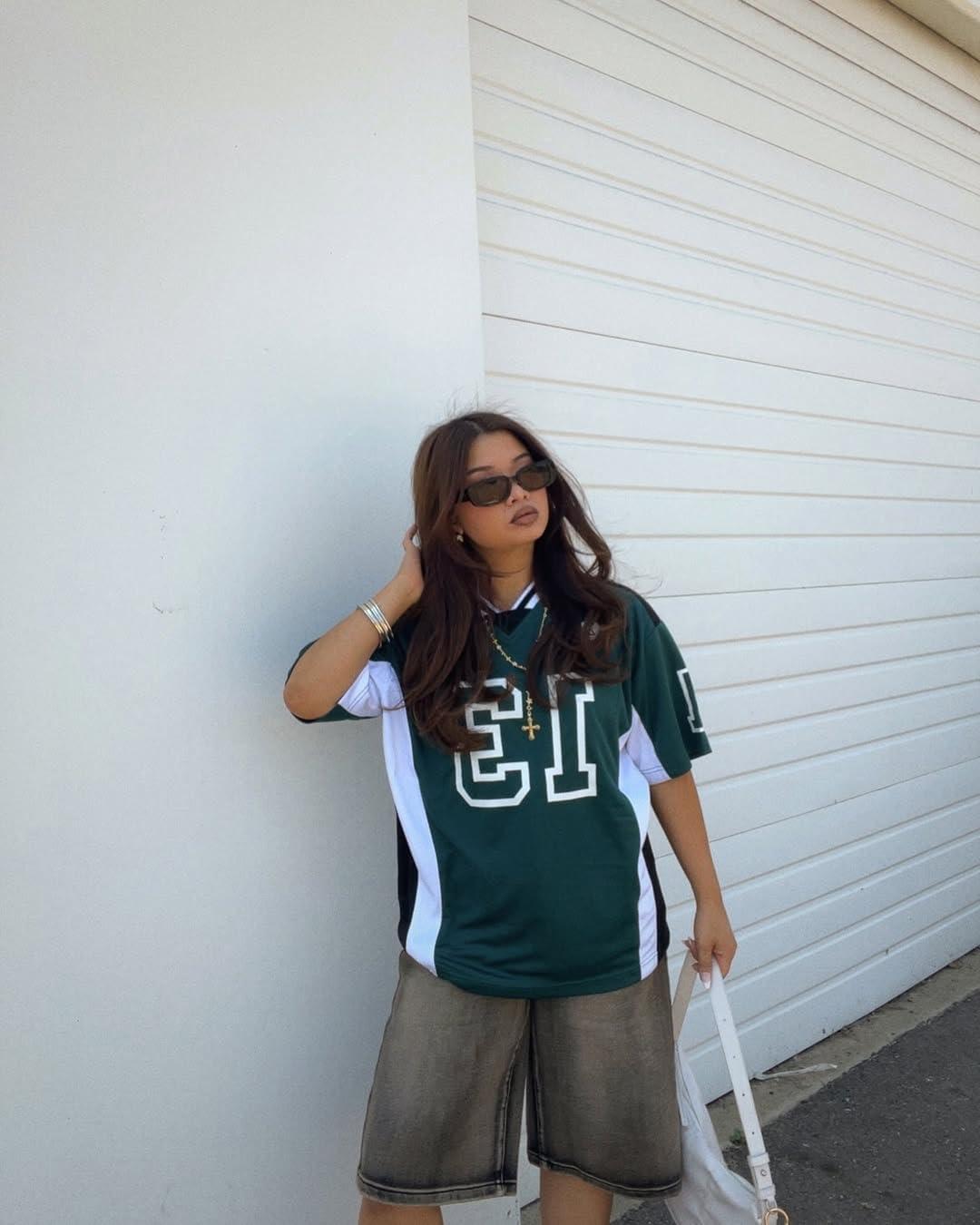 image:imageAelfric Eden Jersey Shirts Color Blocking VNeck Tee Oversized Vintage T Shirt Short Sleeve Casual Summer TopsGreen