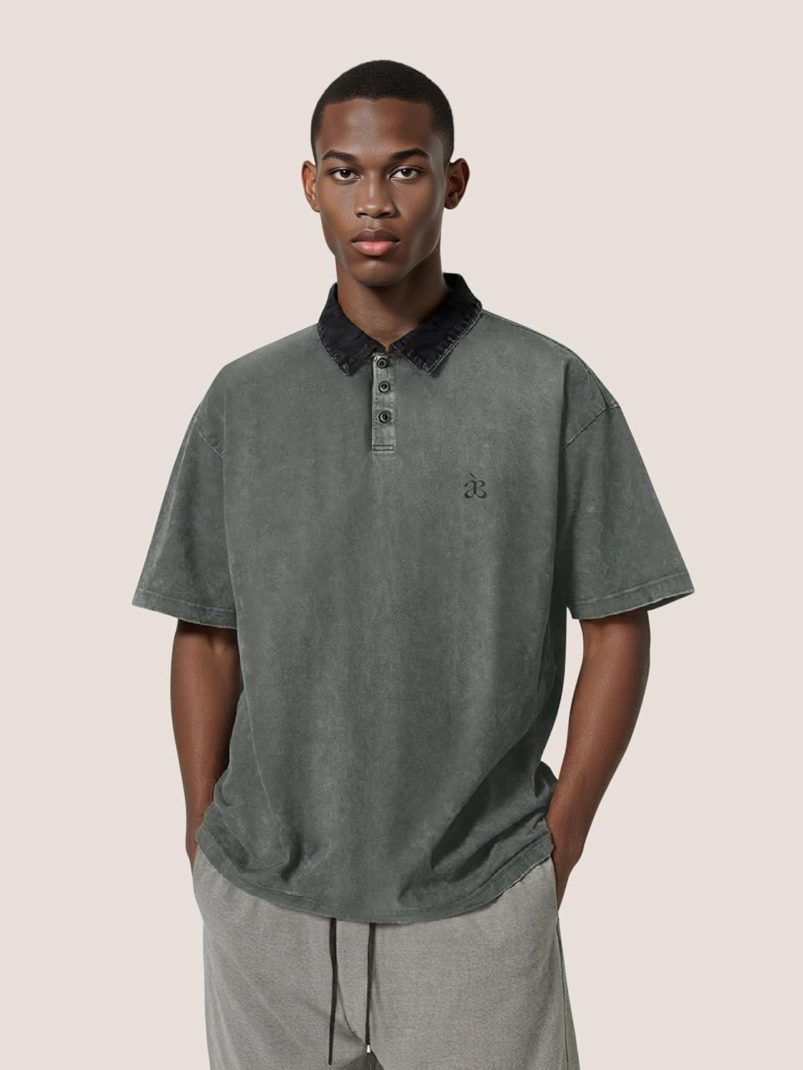 image:imageAelfric Eden Mens Oversized Washed Polo T Shirts Heavyweight Vintage Cotton Tees Short Sleeve Tops UnisexLight Grey