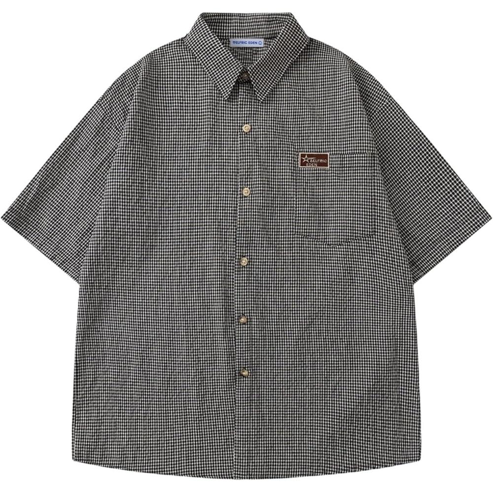 image:imageAelfric Eden Mens Button Down Plaid Shirts Short Sleeve Oversized Polo Tee Vintage T ShirtsBlack