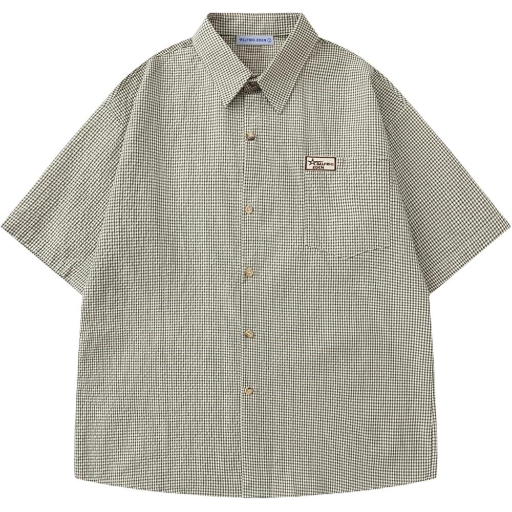 image:imageAelfric Eden Mens Button Down Plaid Shirts Short Sleeve Oversized Polo Tee Vintage T ShirtsBrwon