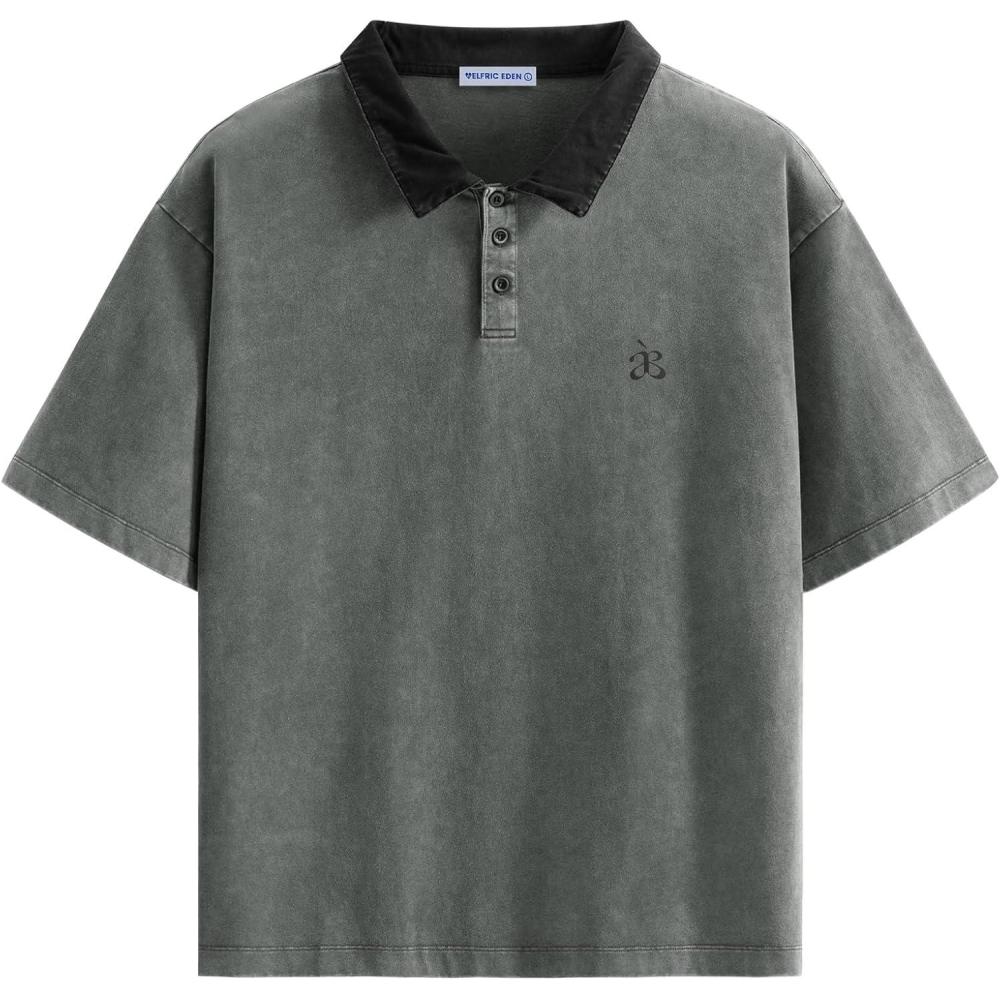 image:imageAelfric Eden Mens Oversized Washed Polo T Shirts Heavyweight Vintage Cotton Tees Short Sleeve Tops UnisexDark Grey