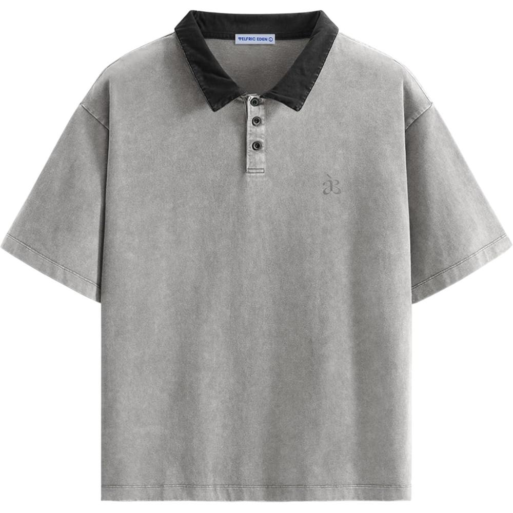 image:imageAelfric Eden Mens Oversized Washed Polo T Shirts Heavyweight Vintage Cotton Tees Short Sleeve Tops UnisexLight Grey