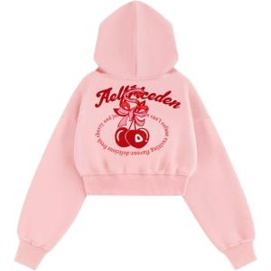 image:imageAelfric Eden Cherry Print Cropped Pullover Hoodie Womens Graphic Y2k Hoodies Tops Casual Streetwear Short Hooded SweatshirtPink
