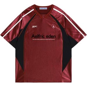 image:imageAelfric Eden Jersey Shirts Oversized Graphic Tees Men Mesh Patchwork Crewneck T Shirt Contrast Color Shirts Summer TopsRed