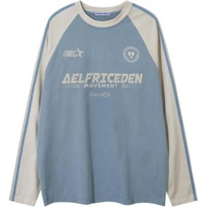 image:imageAelfric Eden Long Sleeve Shirts Color Block Print Tops Crewneck Oversized Y2k Streetwear Sweatshirts 2025 Trendy TopsBlue