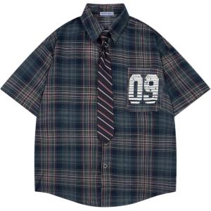 image:imageAelfric Eden Mens Button Down Shirts Number Print Plaid Necktie Short Sleeve Shirt Casual Summer ShirtsBlue