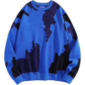 image:imageAelfric Eden Mens Sweater Camouflage Color Blocking Printed Casual Oversized Sweater PulloverBlue