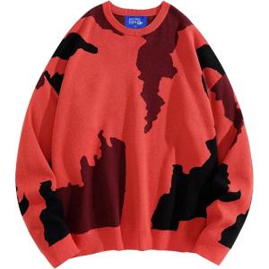 image:imageAelfric Eden Mens Sweater Camouflage Color Blocking Printed Casual Oversized Sweater PulloverRed
