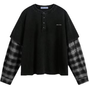 image:imageAelfric Eden Mens Vintage Plaid Patchwork Acid Wash TShirts Heavy Weight Long Sleeve Tshirt Cotton Casual Tee TopsBlack