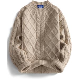 image:imageAelfric Eden Womens Oversized Sweaters 2025 Cable Knit Chunky Sweater Lantern Sleeve Crewneck Pullover Loose OutfitsBeige