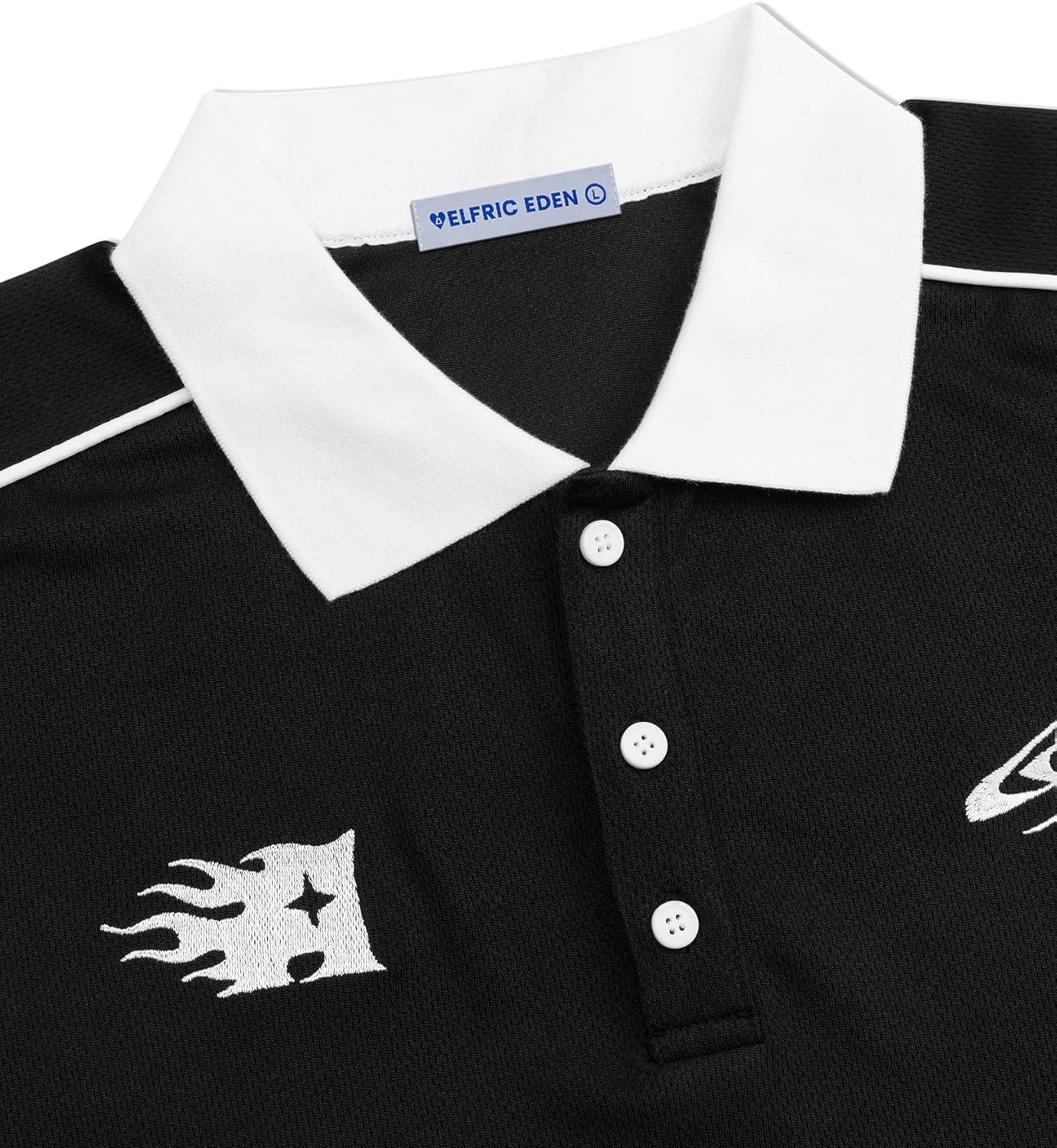 image:imageAelfric Eden Mens Vintage Letter Polo Tee Oversized Button Collar Graphic Patchwork T Shirt Short Sleeve Summer TopsBlack