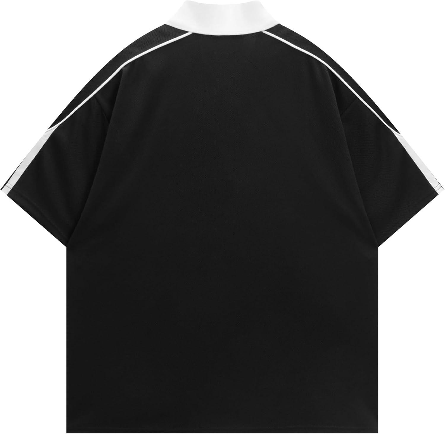 image:imageAelfric Eden Mens Vintage Letter Polo Tee Oversized Button Collar Graphic Patchwork T Shirt Short Sleeve Summer TopsBlack