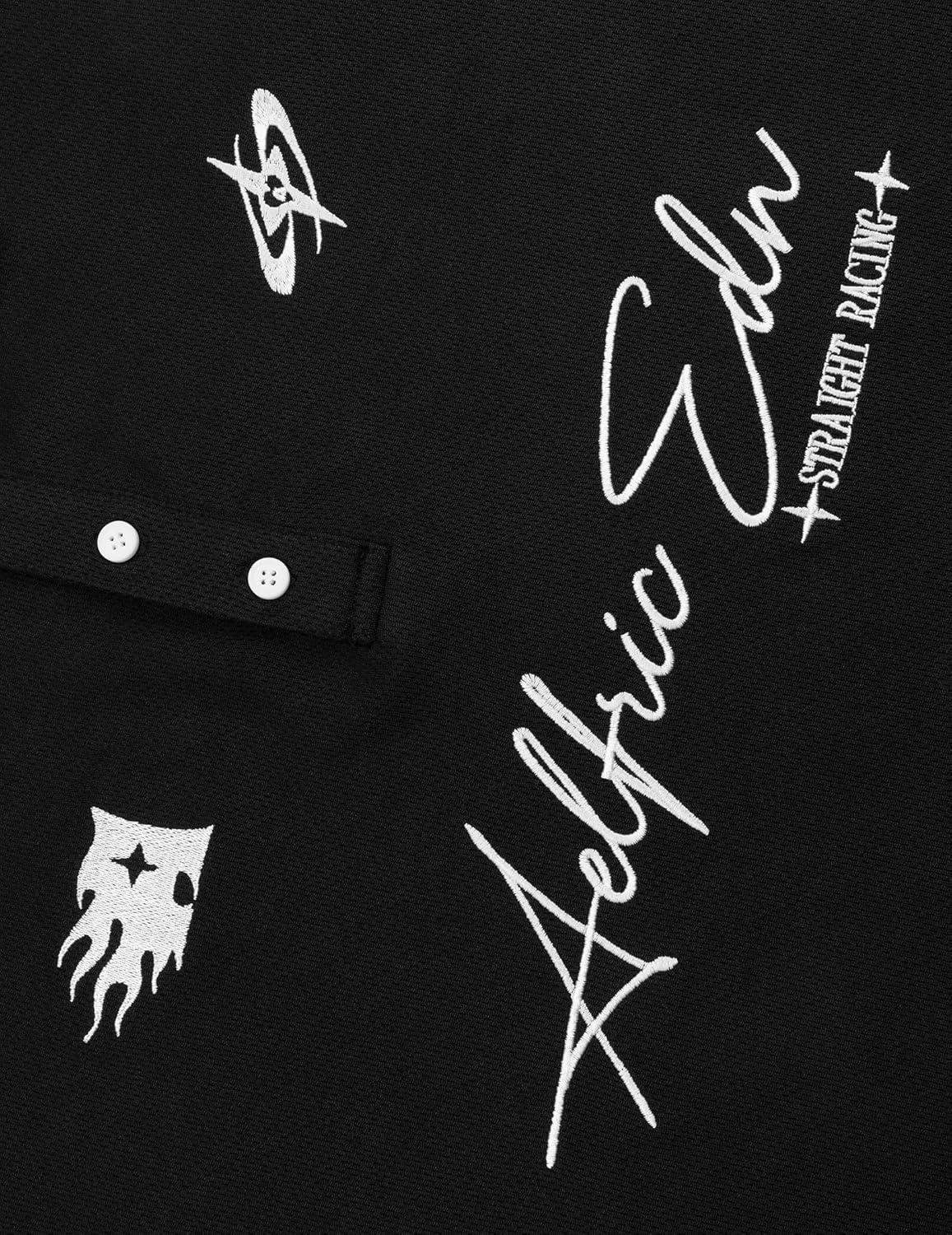 image:imageAelfric Eden Mens Vintage Letter Polo Tee Oversized Button Collar Graphic Patchwork T Shirt Short Sleeve Summer TopsBlack