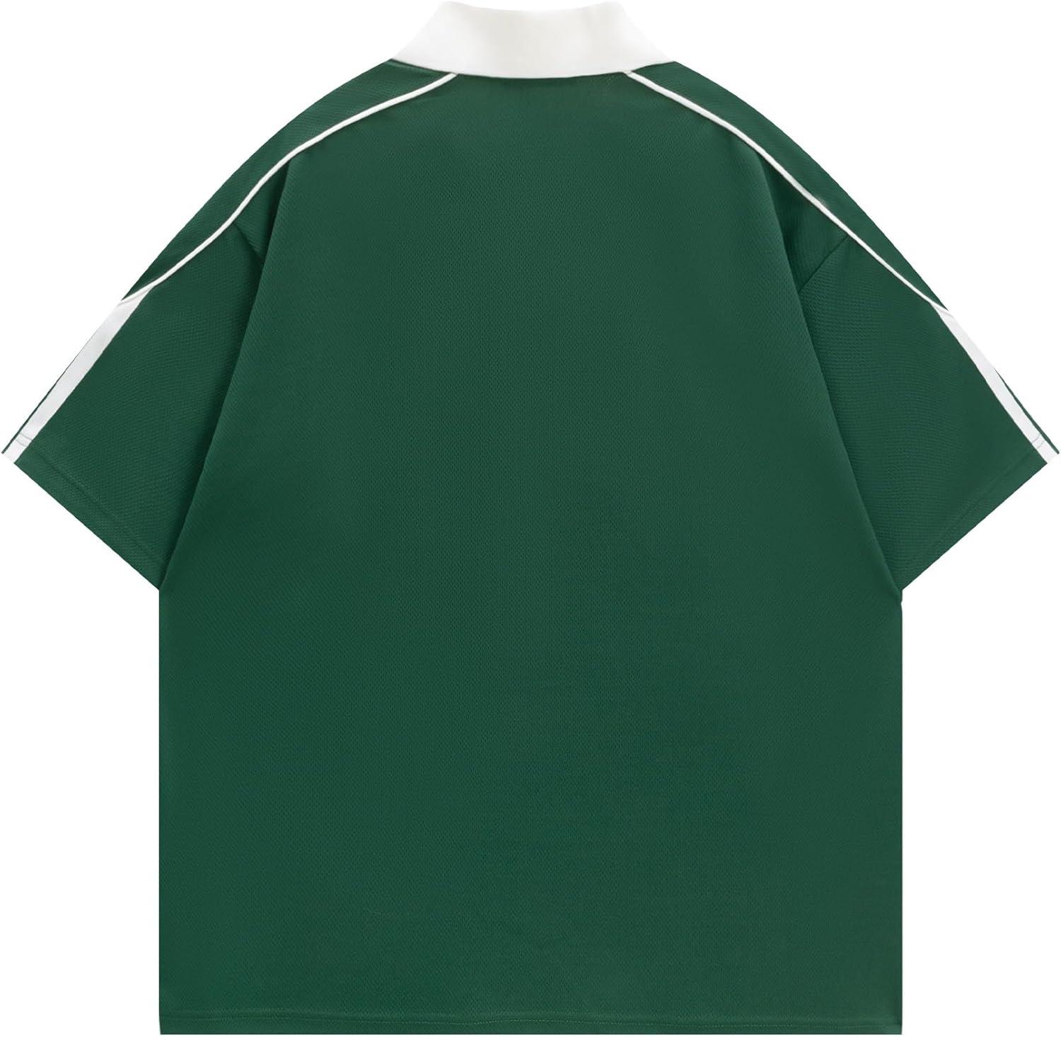 image:imageAelfric Eden Mens Vintage Letter Polo Tee Oversized Button Collar Graphic Patchwork T Shirt Short Sleeve Summer TopsGreen