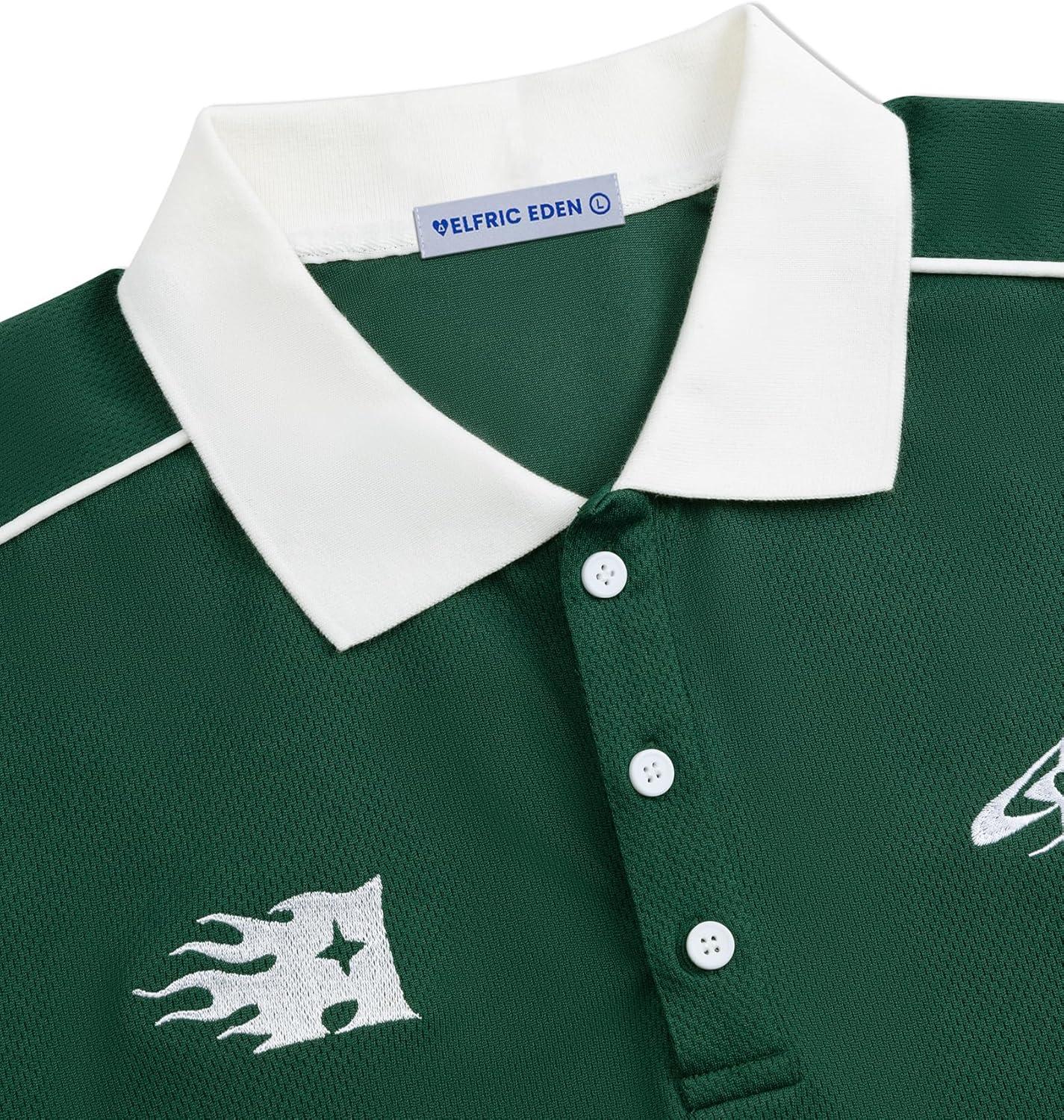 image:imageAelfric Eden Mens Vintage Letter Polo Tee Oversized Button Collar Graphic Patchwork T Shirt Short Sleeve Summer TopsGreen