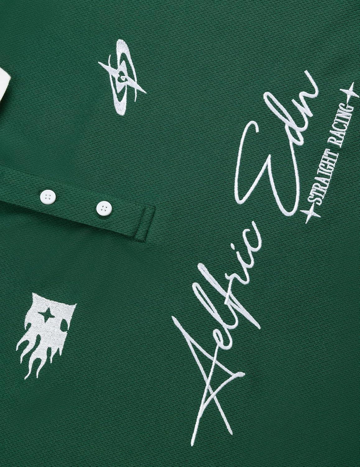 image:imageAelfric Eden Mens Vintage Letter Polo Tee Oversized Button Collar Graphic Patchwork T Shirt Short Sleeve Summer TopsGreen