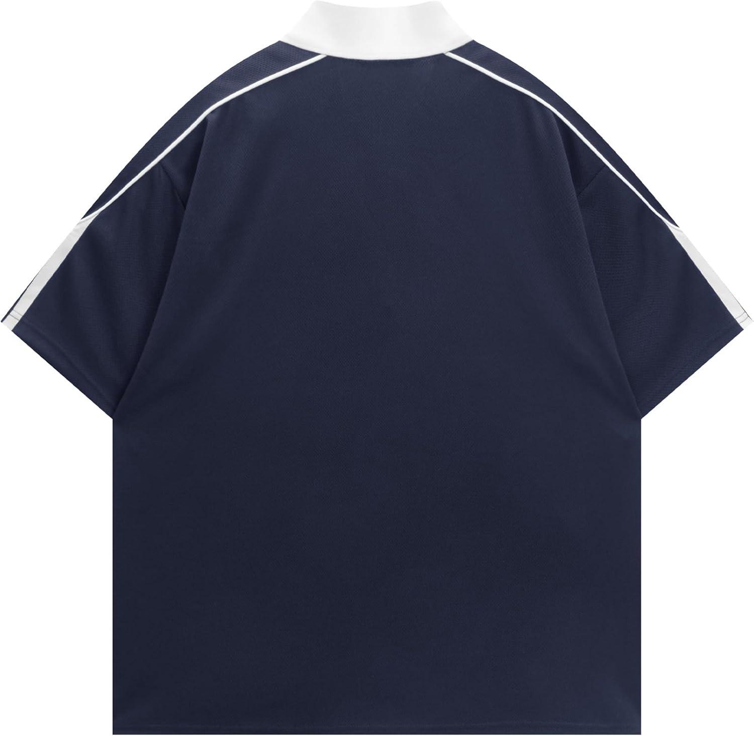 image:imageAelfric Eden Mens Vintage Letter Polo Tee Oversized Button Collar Graphic Patchwork T Shirt Short Sleeve Summer TopsNavy Blue
