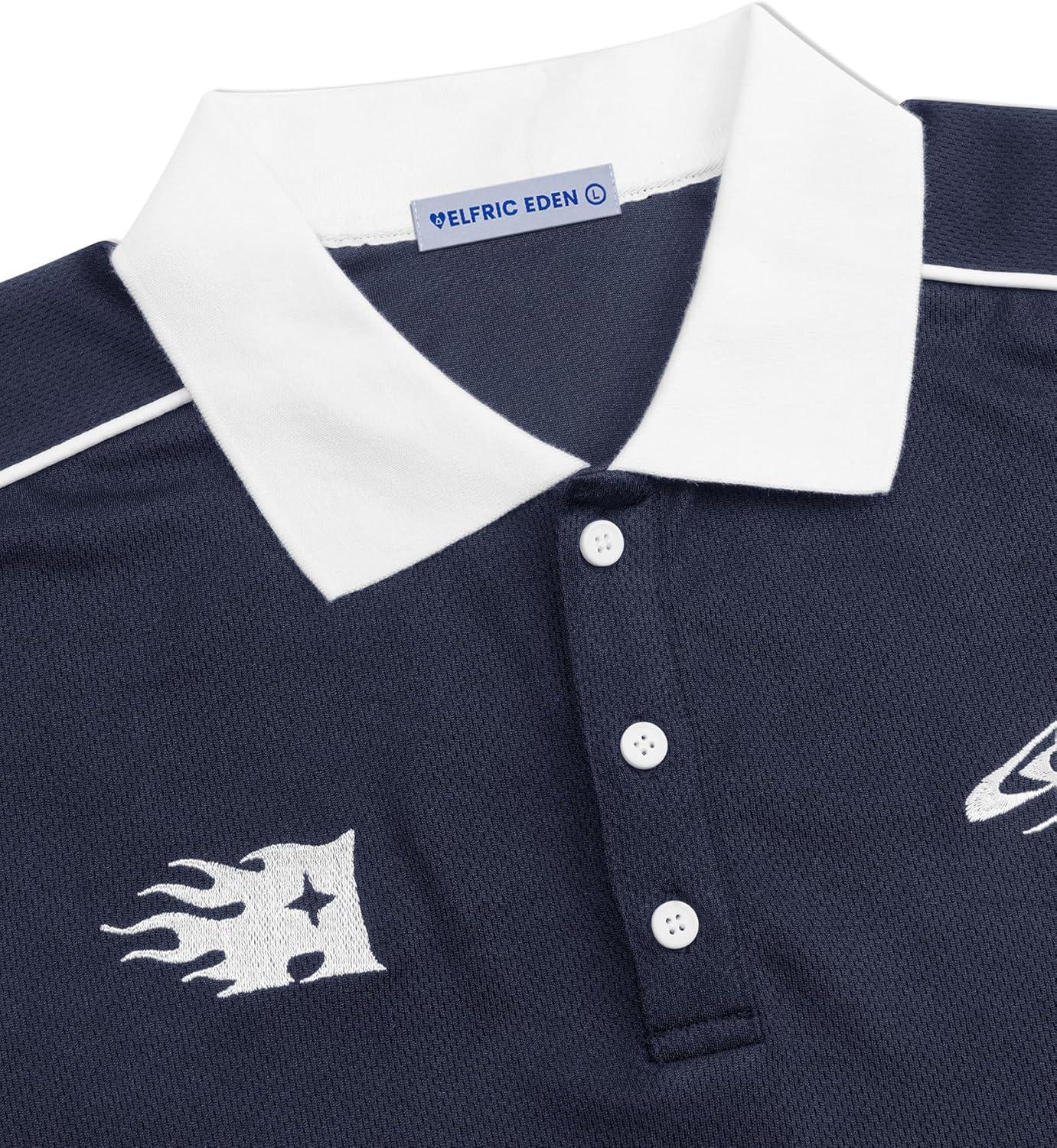 image:imageAelfric Eden Mens Vintage Letter Polo Tee Oversized Button Collar Graphic Patchwork T Shirt Short Sleeve Summer TopsNavy Blue