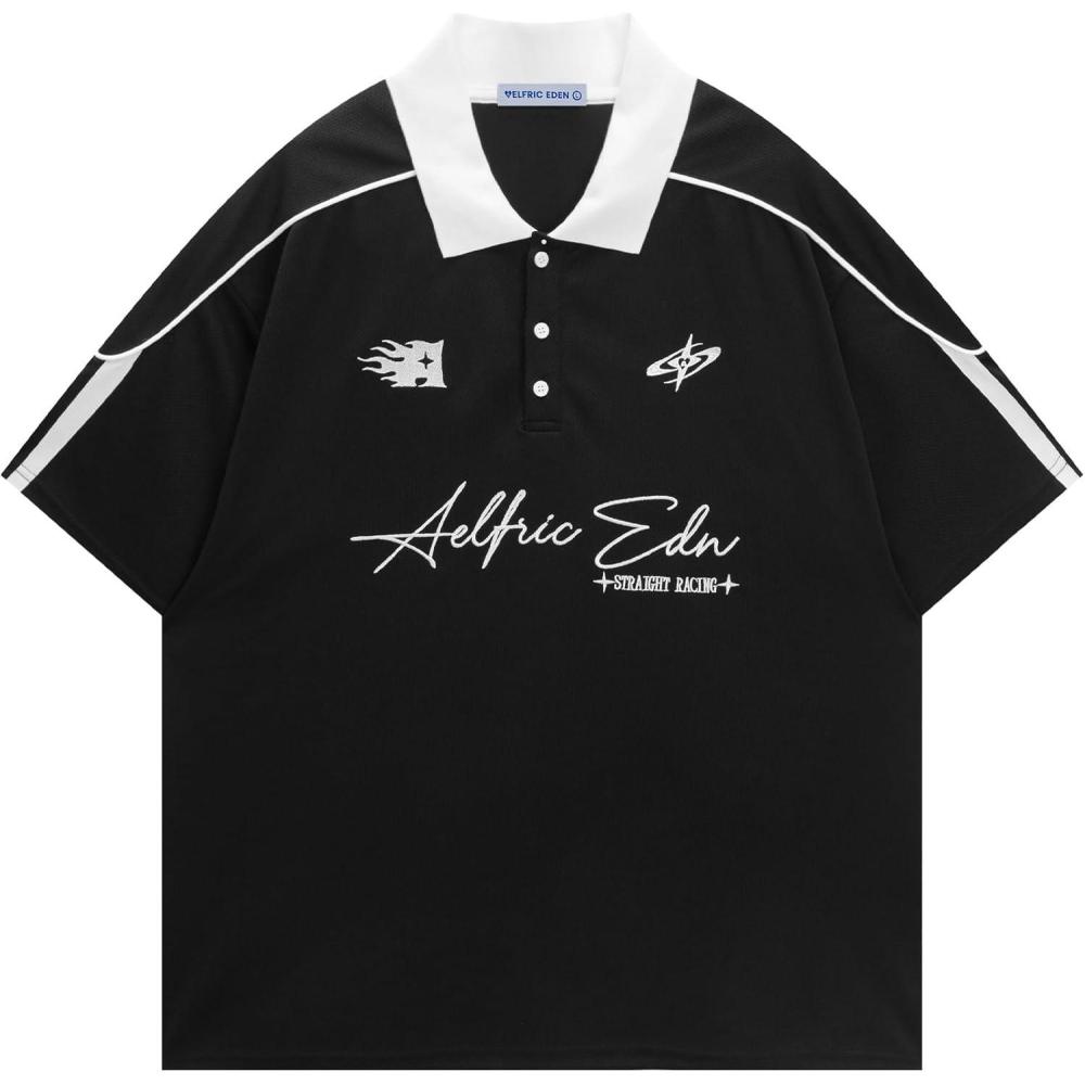 image:imageAelfric Eden Mens Vintage Letter Polo Tee Oversized Button Collar Graphic Patchwork T Shirt Short Sleeve Summer TopsBlack