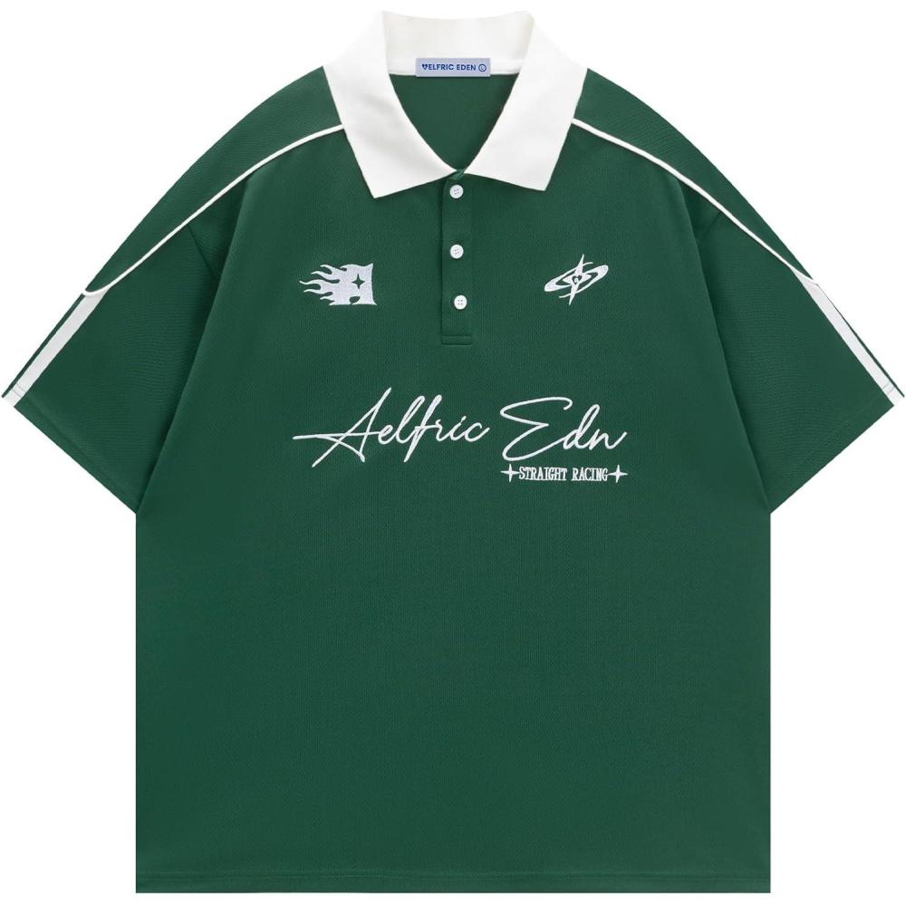 image:imageAelfric Eden Mens Vintage Letter Polo Tee Oversized Button Collar Graphic Patchwork T Shirt Short Sleeve Summer TopsGreen