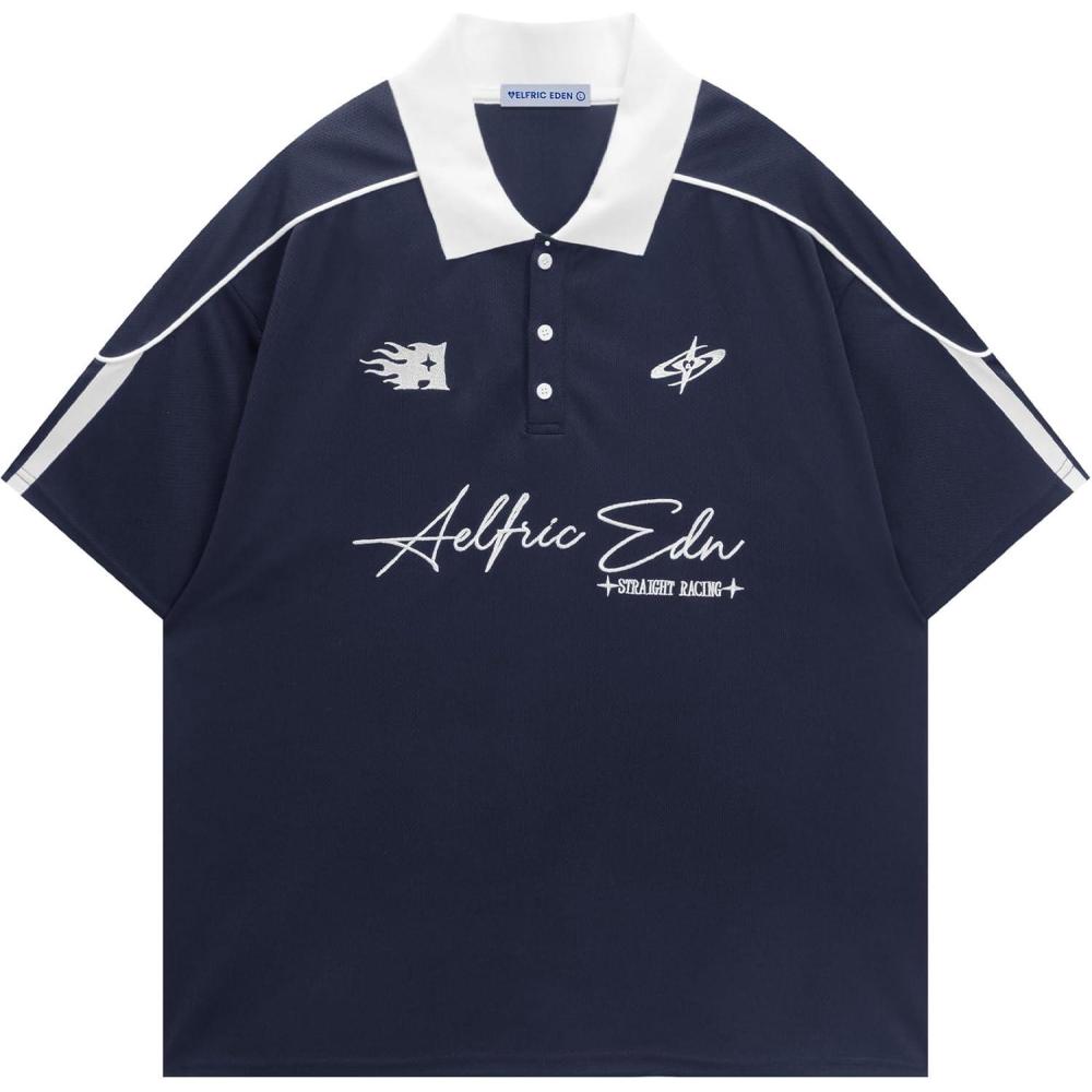 image:imageAelfric Eden Mens Vintage Letter Polo Tee Oversized Button Collar Graphic Patchwork T Shirt Short Sleeve Summer TopsNavy Blue