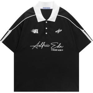 image:imageAelfric Eden Mens Vintage Letter Polo Tee Oversized Button Collar Graphic Patchwork T Shirt Short Sleeve Summer TopsBlack