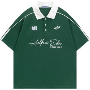 image:imageAelfric Eden Mens Vintage Letter Polo Tee Oversized Button Collar Graphic Patchwork T Shirt Short Sleeve Summer TopsGreen