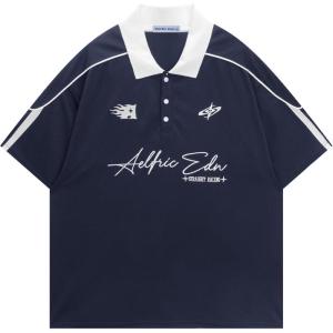 image:imageAelfric Eden Mens Vintage Letter Polo Tee Oversized Button Collar Graphic Patchwork T Shirt Short Sleeve Summer TopsNavy Blue