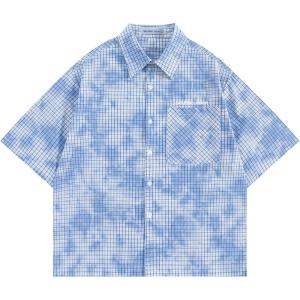 image:imageAelfric Eden Mens Cropped Boxy Button Down Plaid Shirts Washed Polo Tee Short Sleeve Casual Vintage T ShirtsBlue