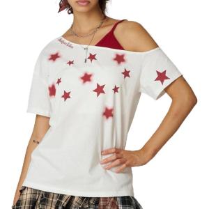 image:imageAelfric Eden Star Graphic Off The Shoulder Tee Womens Oversized Graphic Tees Short Sleeve Summer Cute T Shirts Y2K TopsWhite