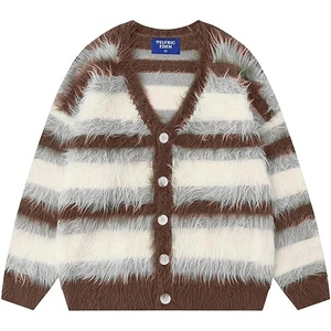 image:imageAelfric Eden Color Blocking Striped Fuzzy Cardigan Crewneck Vintage Oversized Button Down Knit Cardigans Sweater TopsBrown