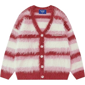 image:imageAelfric Eden Color Blocking Striped Fuzzy Cardigan Crewneck Vintage Oversized Button Down Knit Cardigans Sweater TopsRed