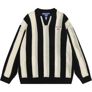 image:imageAelfric Eden Mens Striped Crochet Fall Sweaters Vinatge V Neck Pullover Sweater Long Sleeve Knit Textured SweaterBlack