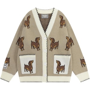 image:imageAelfric Eden Womens Hand Drawn Dachshund Cardigan Sweater V Neck Long Sleeve Open Front Button Down Outwear Knitted CoatsLighht Brown