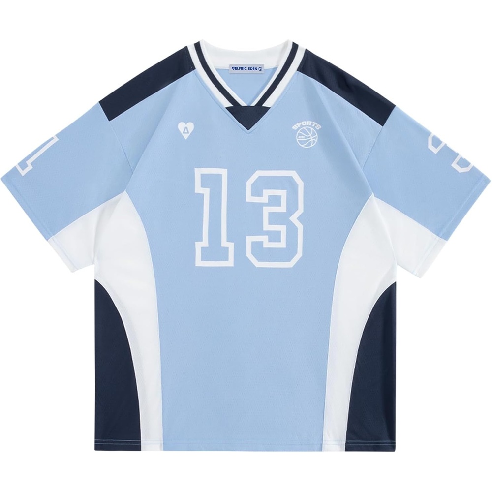 image:imageAelfric Eden Jersey Shirts Color Blocking VNeck Tee Oversized Vintage T Shirt Short Sleeve Casual Summer TopsLight Blue