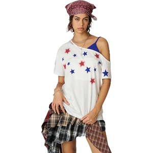 image:imageAelfric Eden Star Graphic Off The Shoulder Tee Womens Oversized Graphic Tees Short Sleeve Summer Cute T Shirts Y2K TopsWhiteblue
