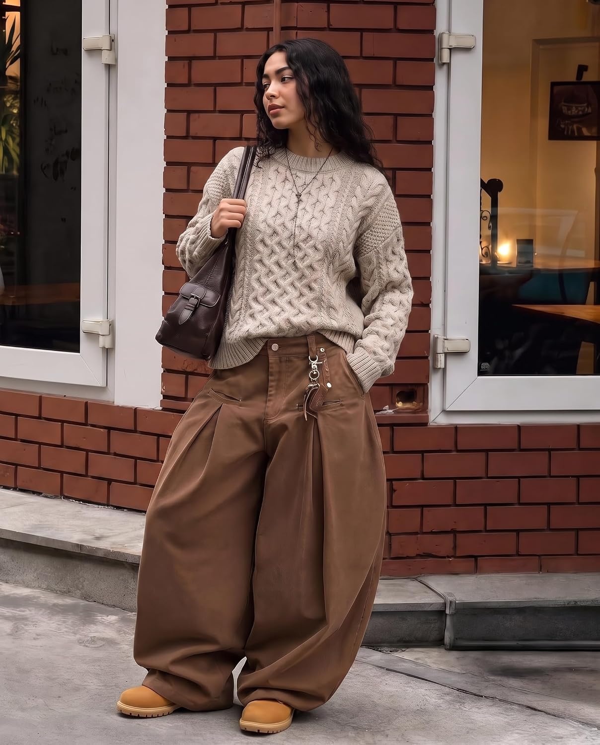 image:imageAelfric Eden Sweaters for Women Oversized Chunky Cable Knit Crew Neck  Unisex Long Sleeve Loose Fit Soft Comfy Fall Winter Pullover Classic Vintage Basic Solid Casual Trendy TopsLight Khaki